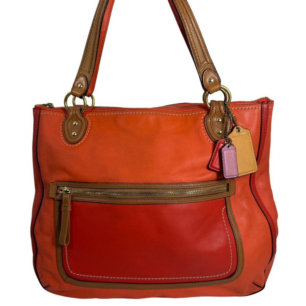 Coach 22430 Poppy Leather Vermillion Sun Orange Color Block Hallie Large Tote